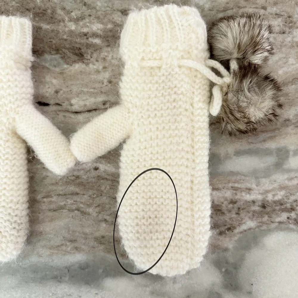 Cream Cozy Fleece Lined Knit Mittens Faux Fur Pom Poms - Winter / Cold Weather